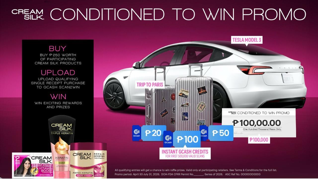 Cream Silk Conditioned to Win Promo — buy ₱250 worth of Cream Silk, upload your receipt, win Tesla Model 3, trip to Paris, ₱100,000 cash, or instant GCash credits